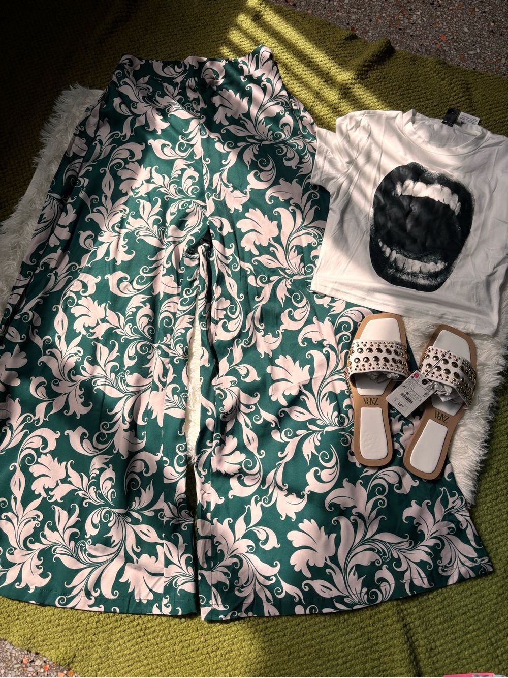 Women’s Wide Leg Printed Jumpsuit — Green & Cream and crop top ans slides sand